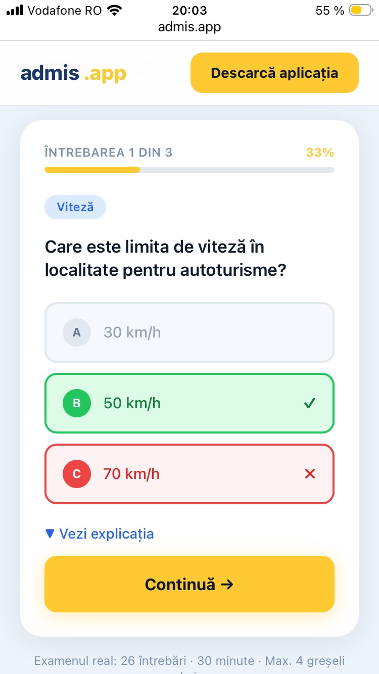 Chestionar auto cu feedback instant — răspuns corect verde